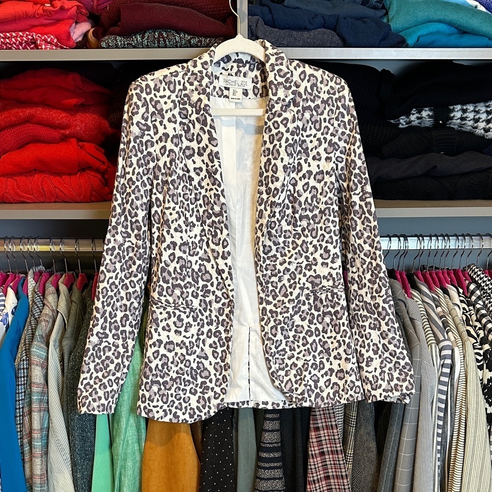 Rachel Zoe linen/cotton gray/white leopard print open front blazer size S NWOT